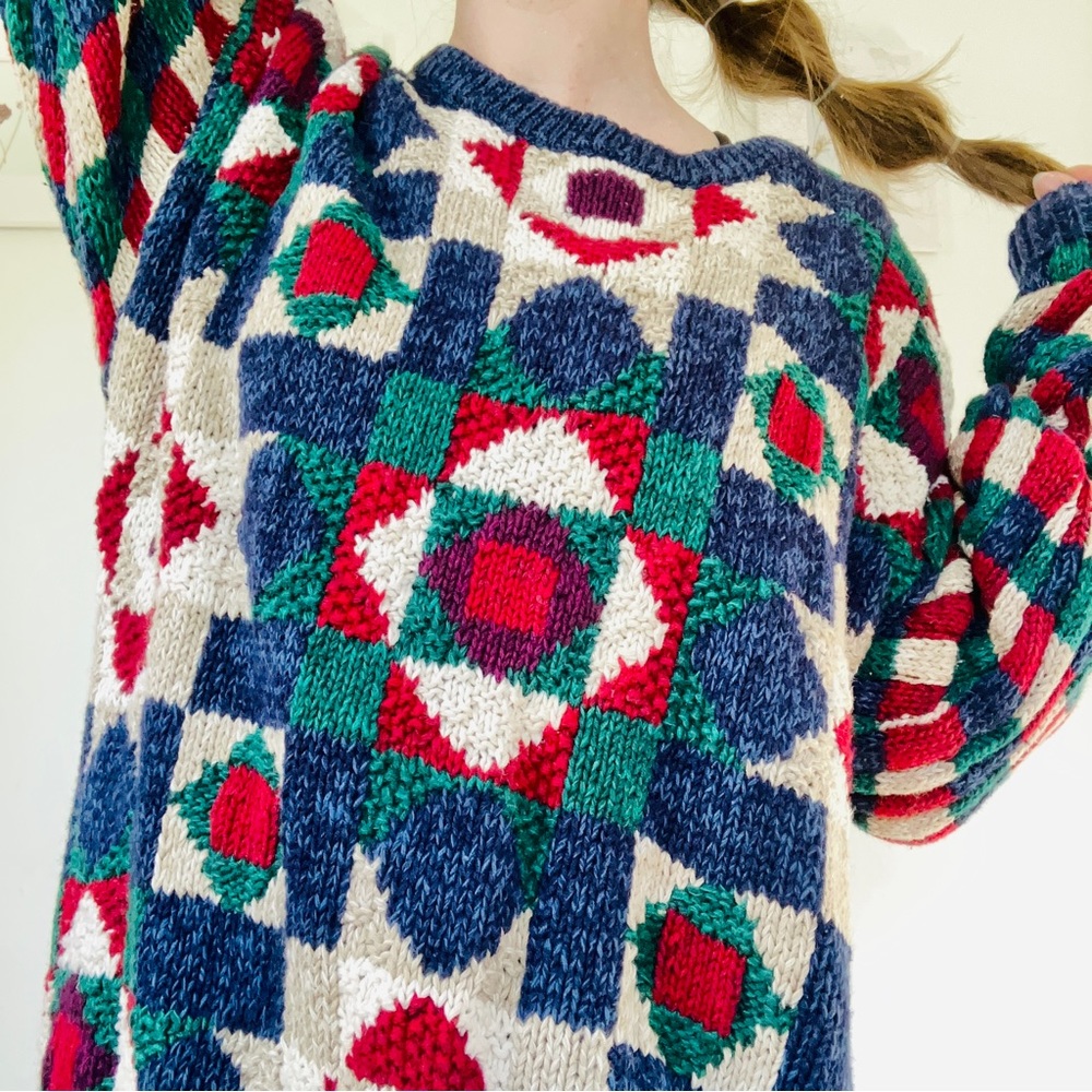 Vintage Grandpacore Knit Sweater Blue Red Cream Christmas Chunky Oversized Patte